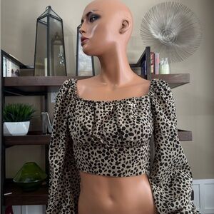 SHEIN Black Tan Leopard Print Crop Top balloon sleeves long elastic panel back M